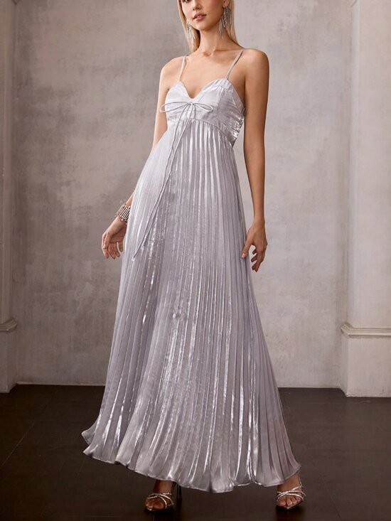 Dresses & Skirts - Silver Elegant Women's Premium Bow Bust Pleated Slip Maxi Dress